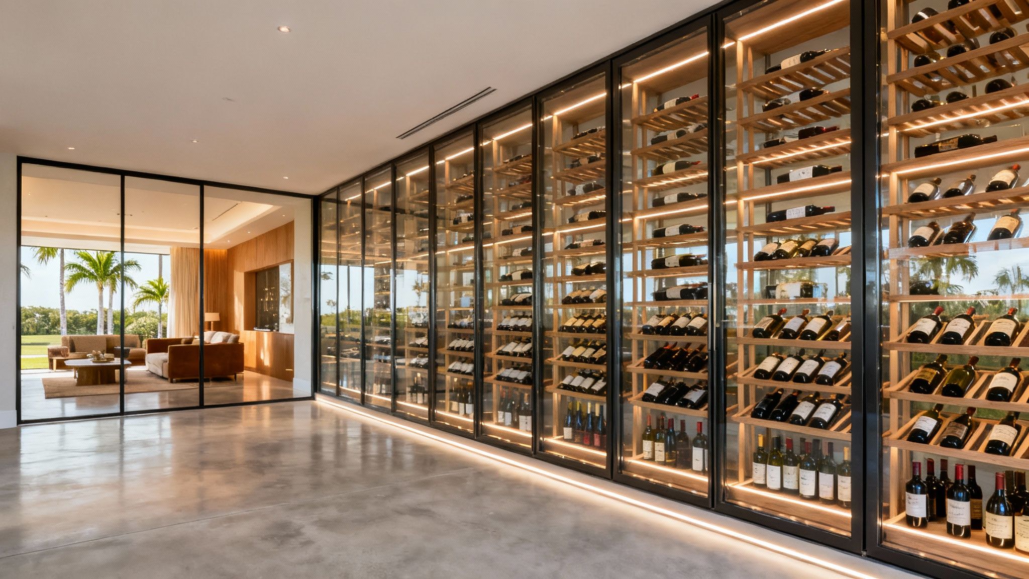 A luxurious, modern wine cellar with illuminated glass shelves filled with numerous wine bottles.