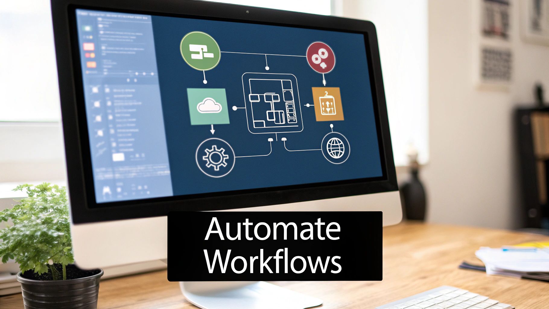 A computer screen displays a digital workflow diagram with "Automate Workflows" text, on an office desk.