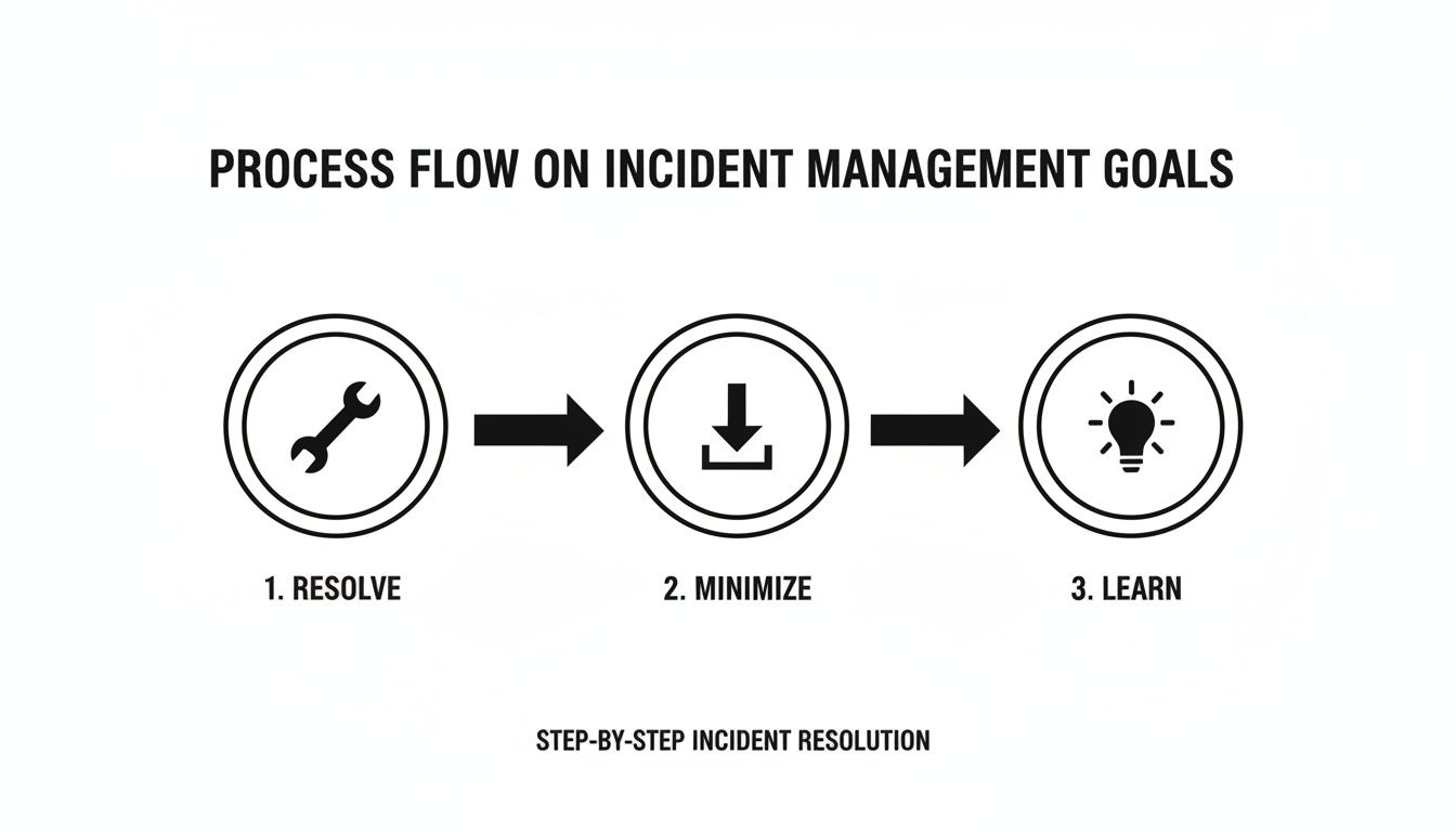 A black and white process flow diagram illustrating incident management goals: resolve, minimize, and learn.