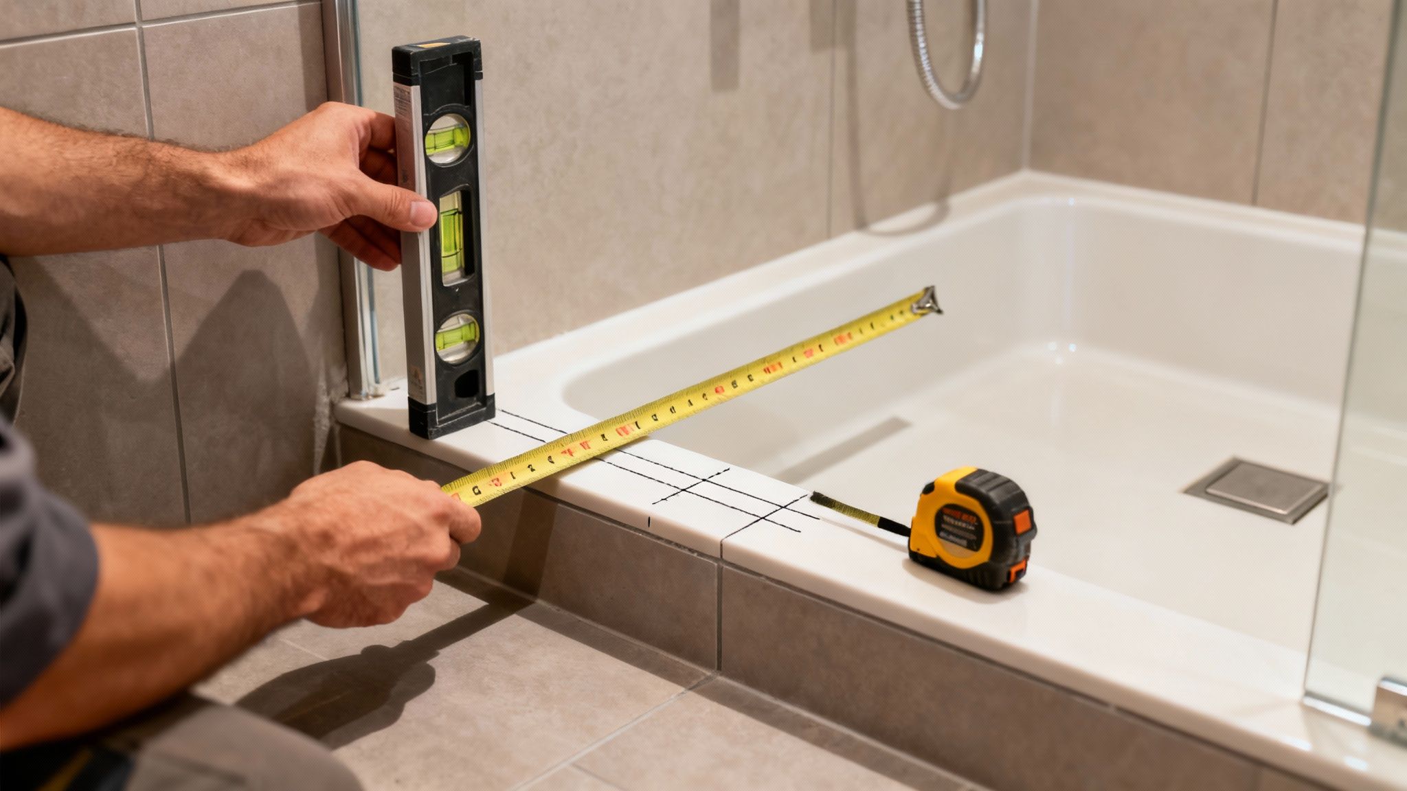 Close-up of a person installing a shower, using a level and tape measure for precision.