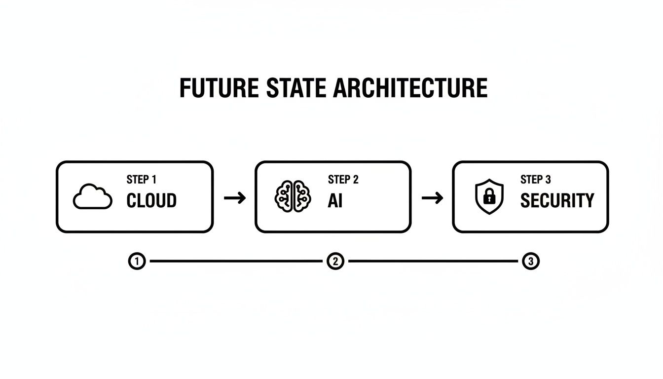 A diagram titled 'Future State Architecture' shows three sequential steps: Cloud, AI, and Security.