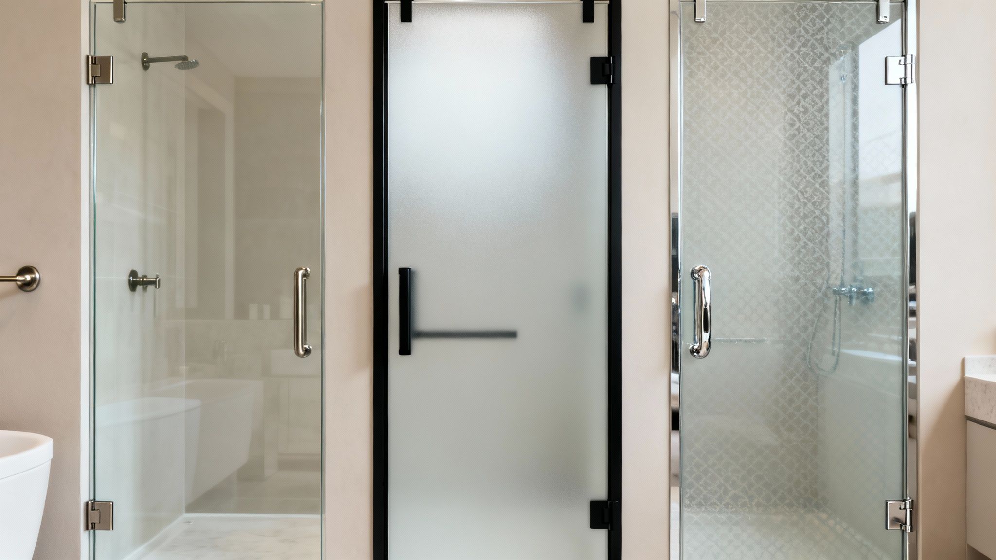 Three distinct shower door designs: clear, frosted, and patterned glass, showcasing different styles and hardware.