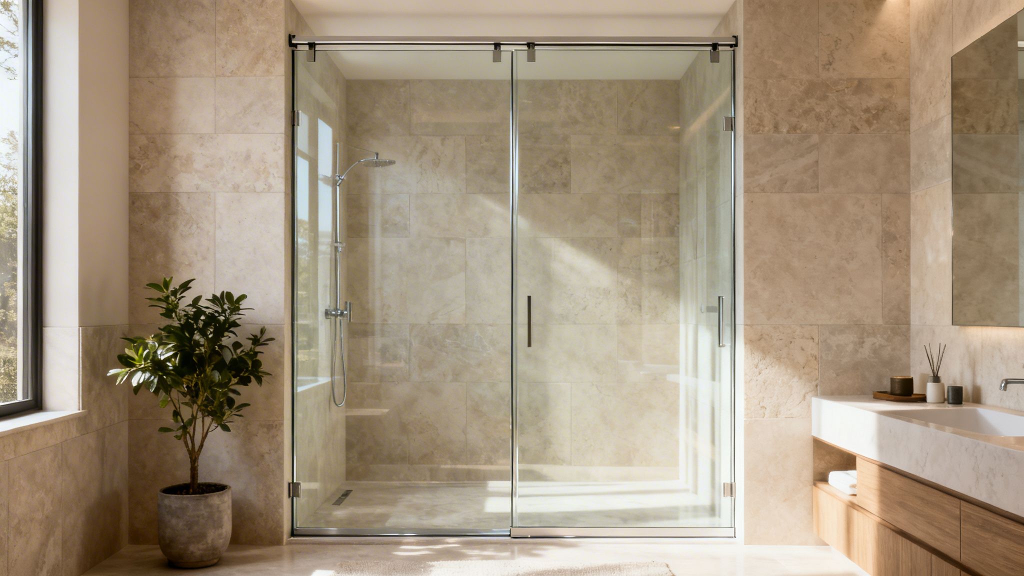 Modern bathroom with frameless bypass shower doors, stone tiles, and a contemporary vanity.