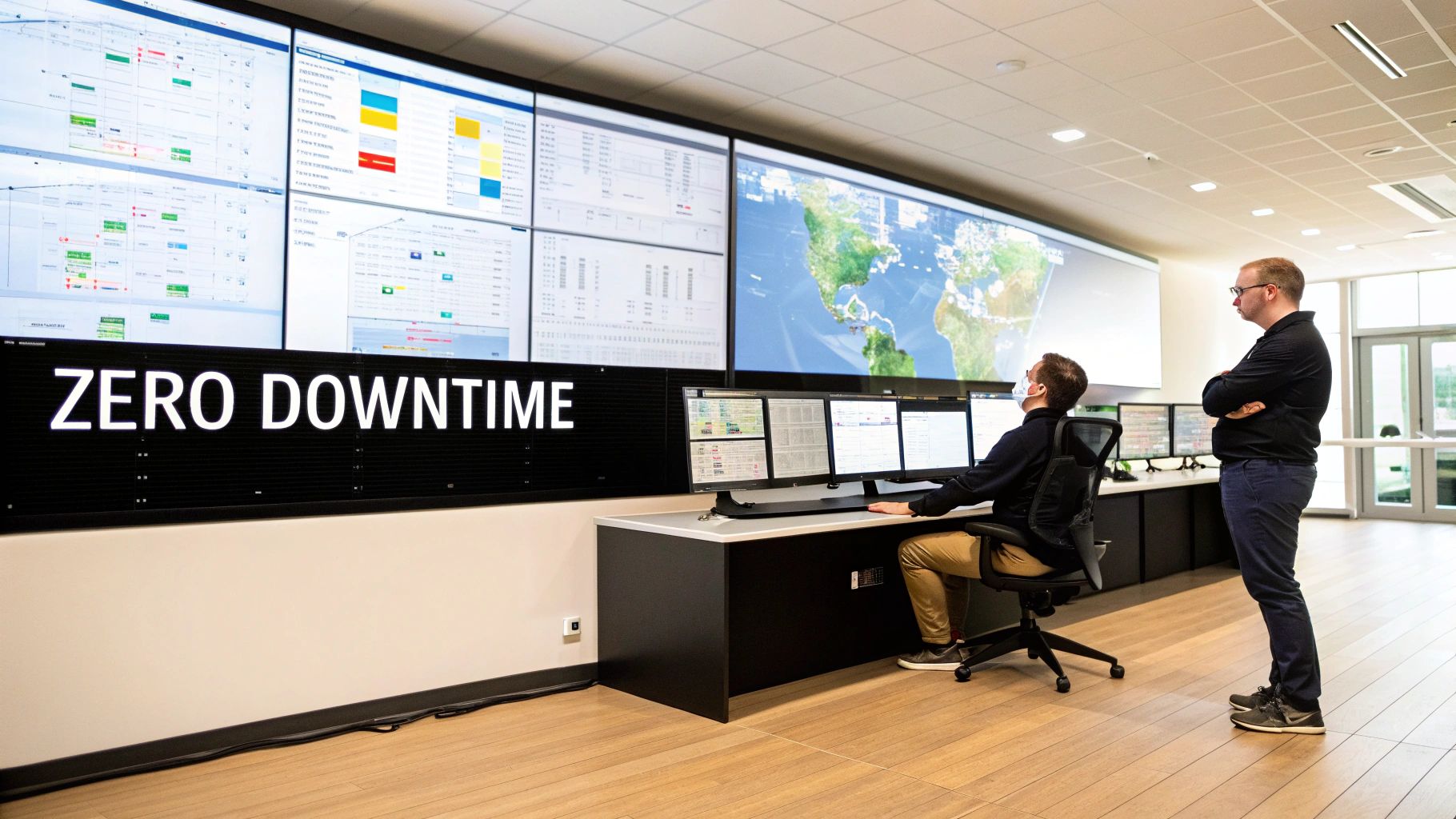Two IT professionals monitor large screens displaying data, charts, and a world map in a modern control room.