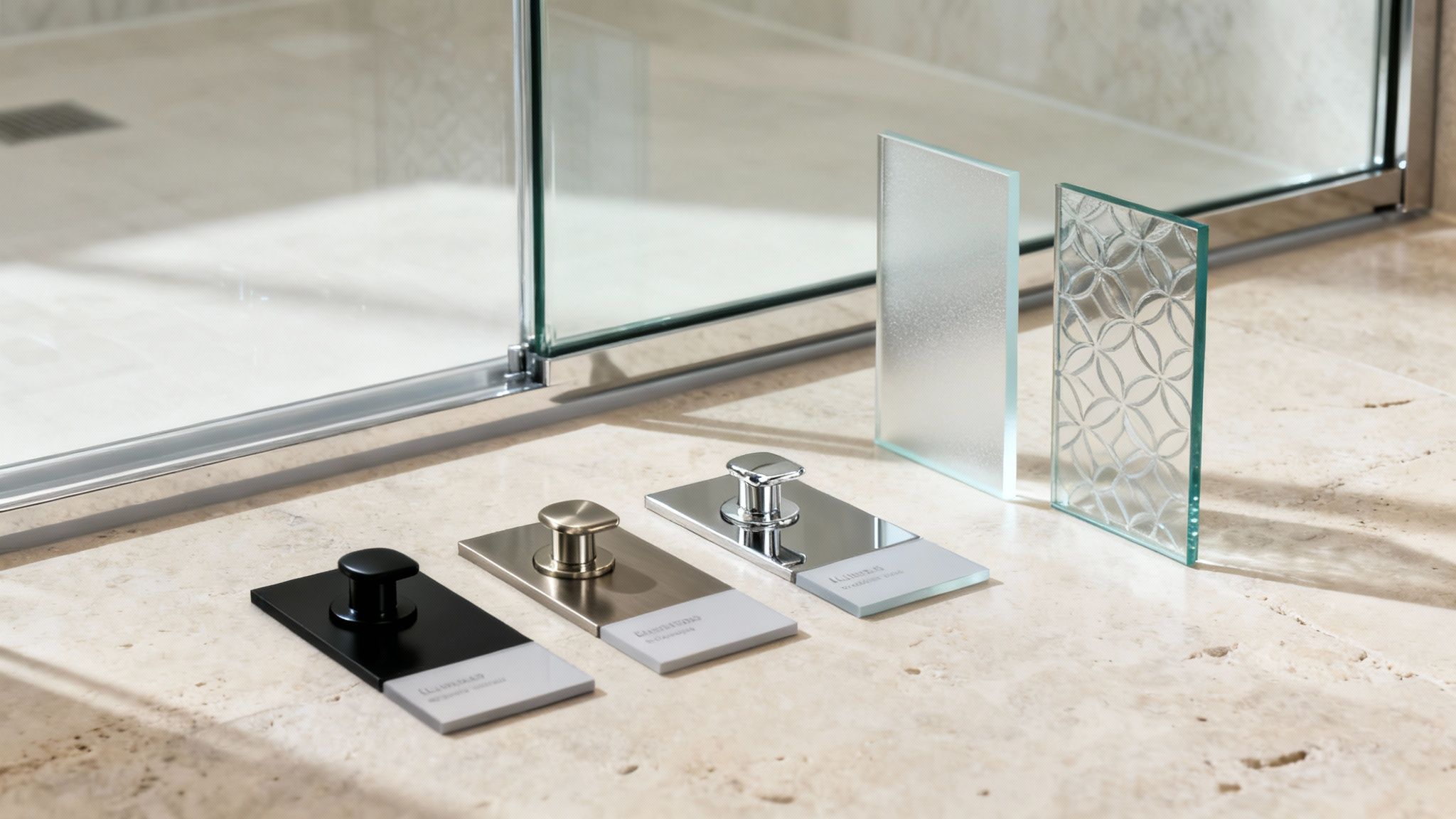 Assortment of shower door hardware in black, gold, and chrome, with frosted and patterned glass samples.
