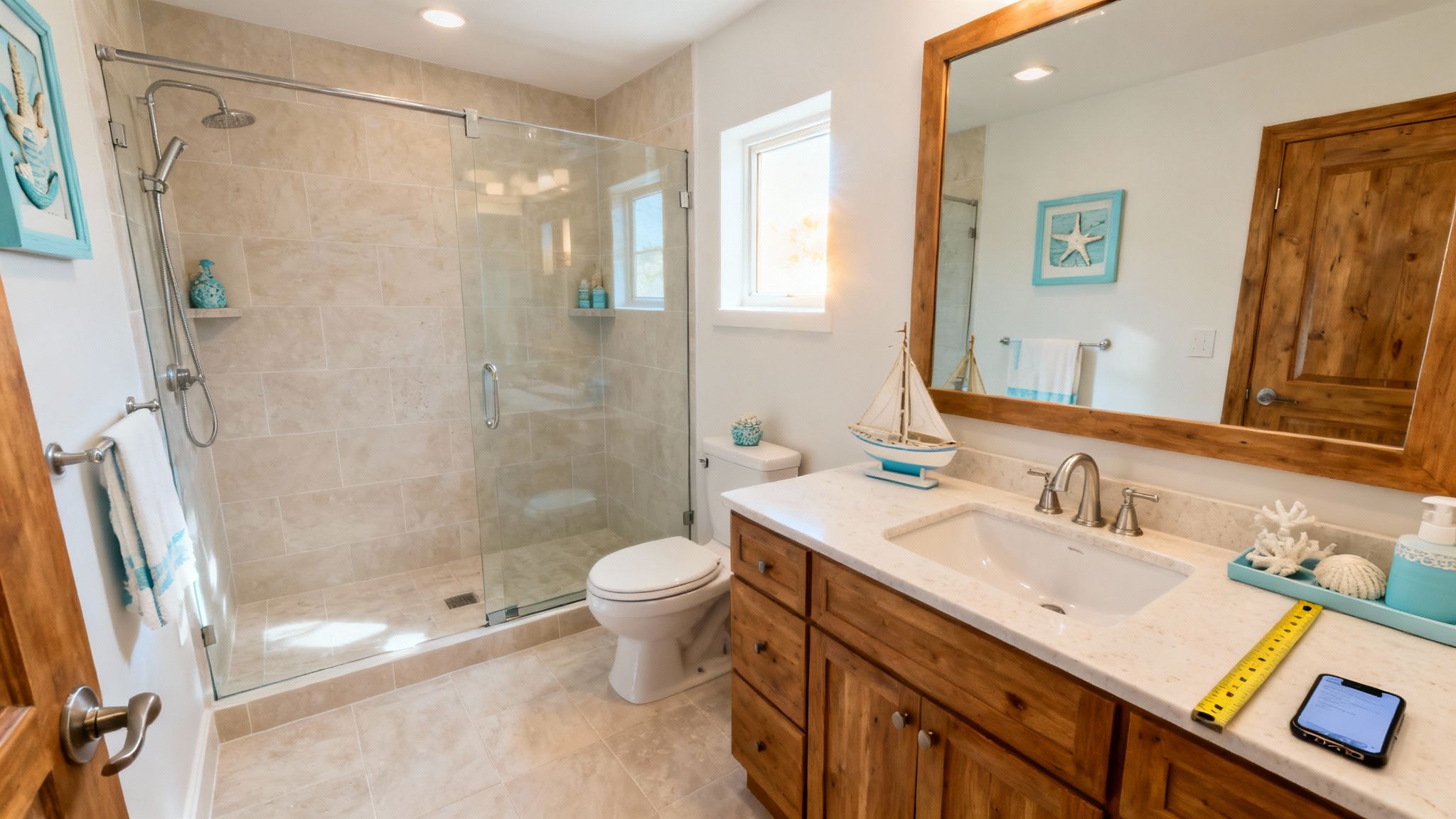 A bright, modern bathroom featuring a frameless glass shower, wooden vanity, and coastal accents.