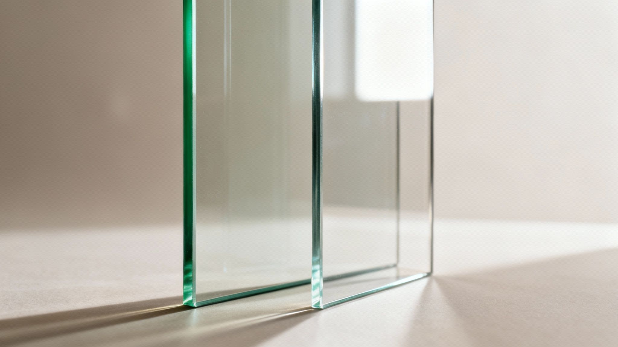 Several clear glass panels with subtle green edges stand on a light surface, casting shadows.