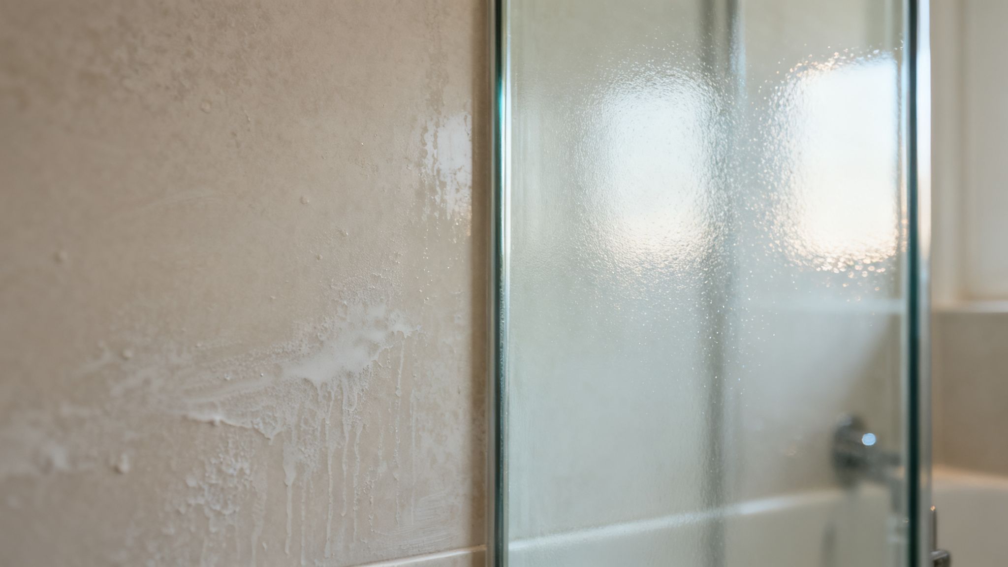 Close-up of a shower wall with soap scum and a wet, reflective glass shower screen.