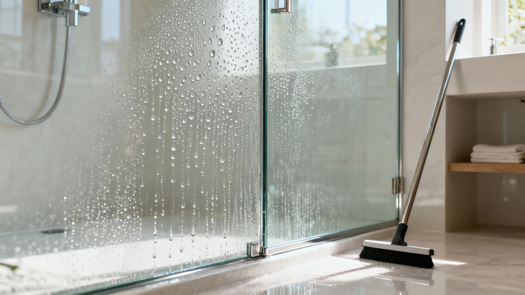 A modern bathroom featuring a glass shower door covered in water droplets, with a squeegee leaning nearby.