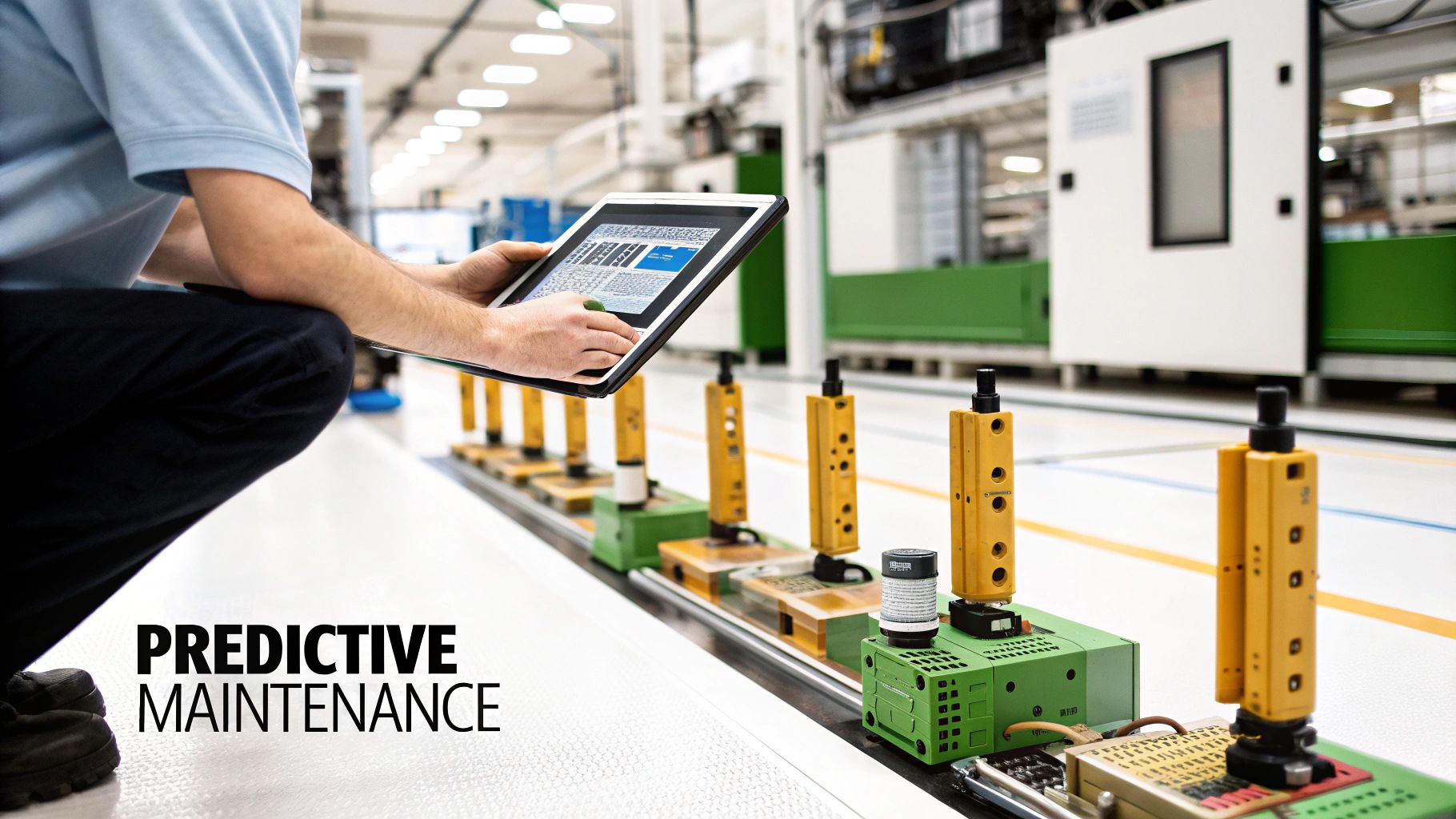 Engineer uses a tablet for predictive maintenance on manufacturing equipment in a factory setting.