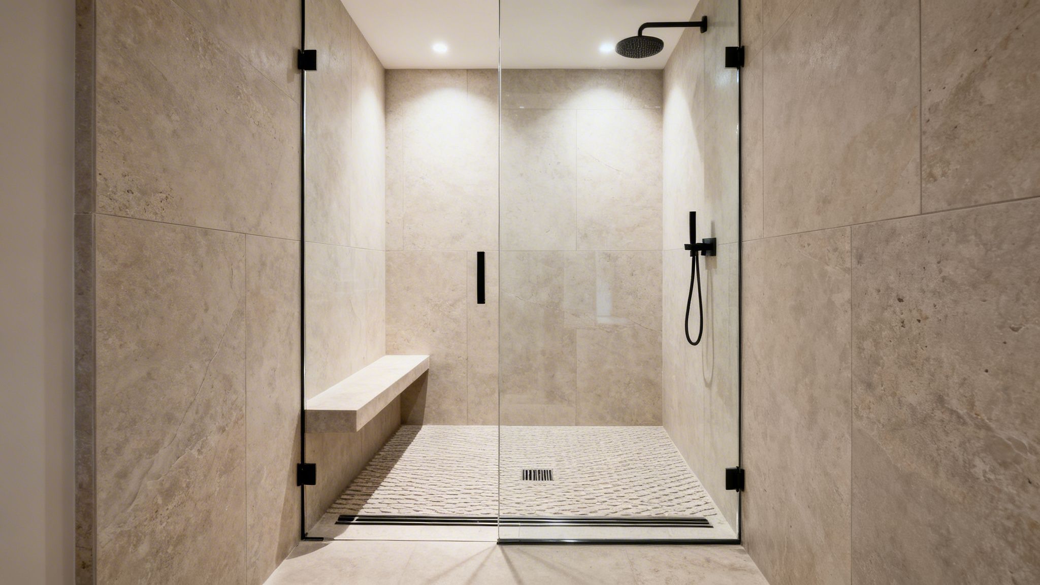 Elegant walk-in shower with textured beige tiles, glass door, built-in bench, and black modern fixtures.