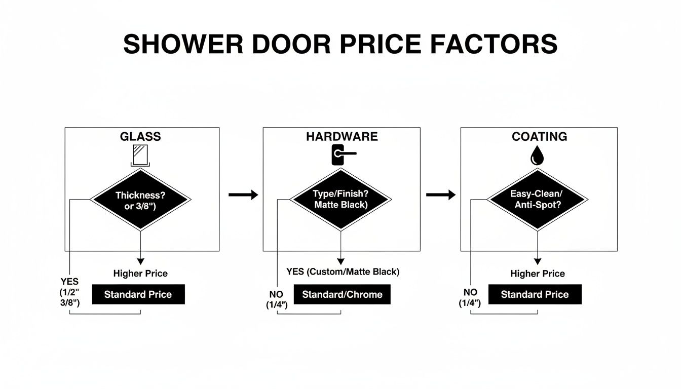 Flowchart detailing shower door price factors based on glass thickness, hardware type, and coating options.