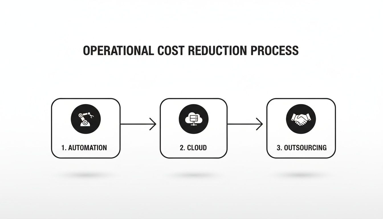A flowchart showing the operational cost reduction process with three steps: automation, cloud, and outsourcing.