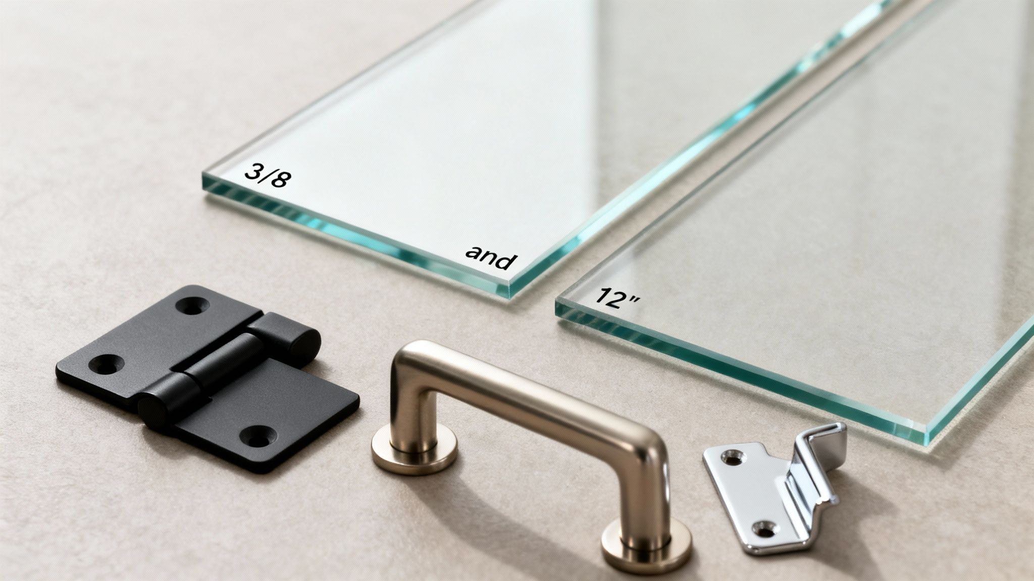 Hardware for frameless shower doors including glass panels, a black hinge, a handle, and a bracket.
