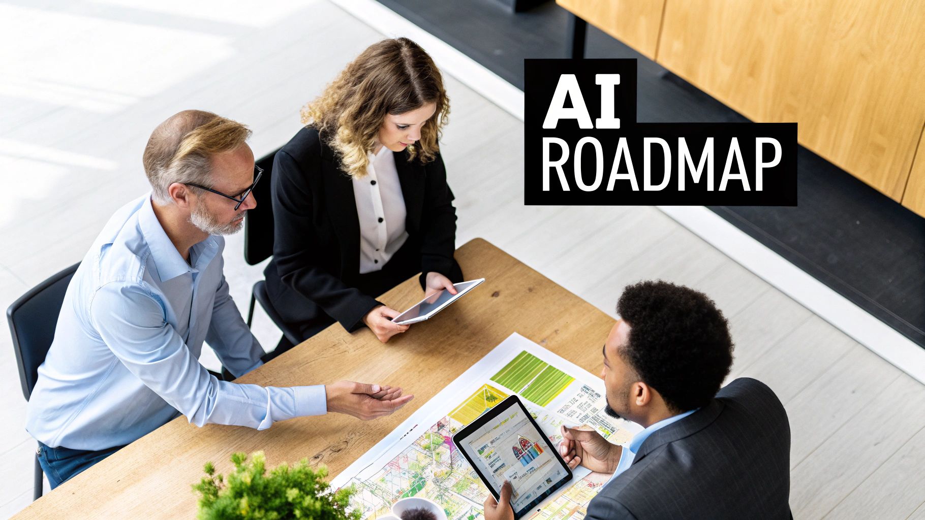 Three diverse professionals collaborating around a table with a map and tablets, discussing an AI roadmap.