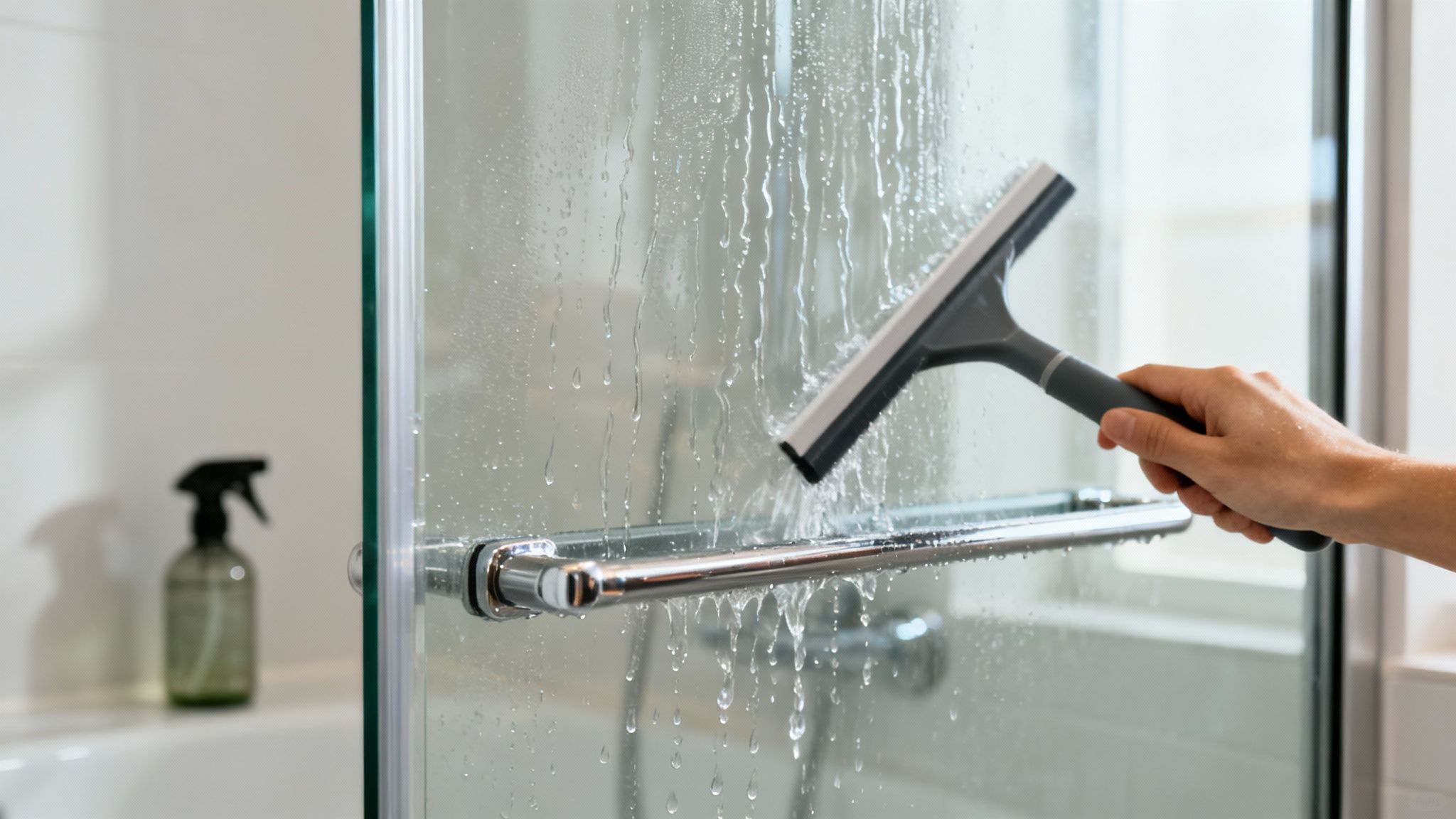A hand cleaning a wet glass shower door with a squeegee, removing water streaks.