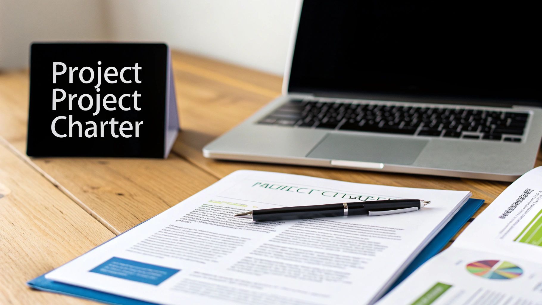 A project charter document and a laptop on a wooden desk with a sign displaying 'Project Project Charter'.