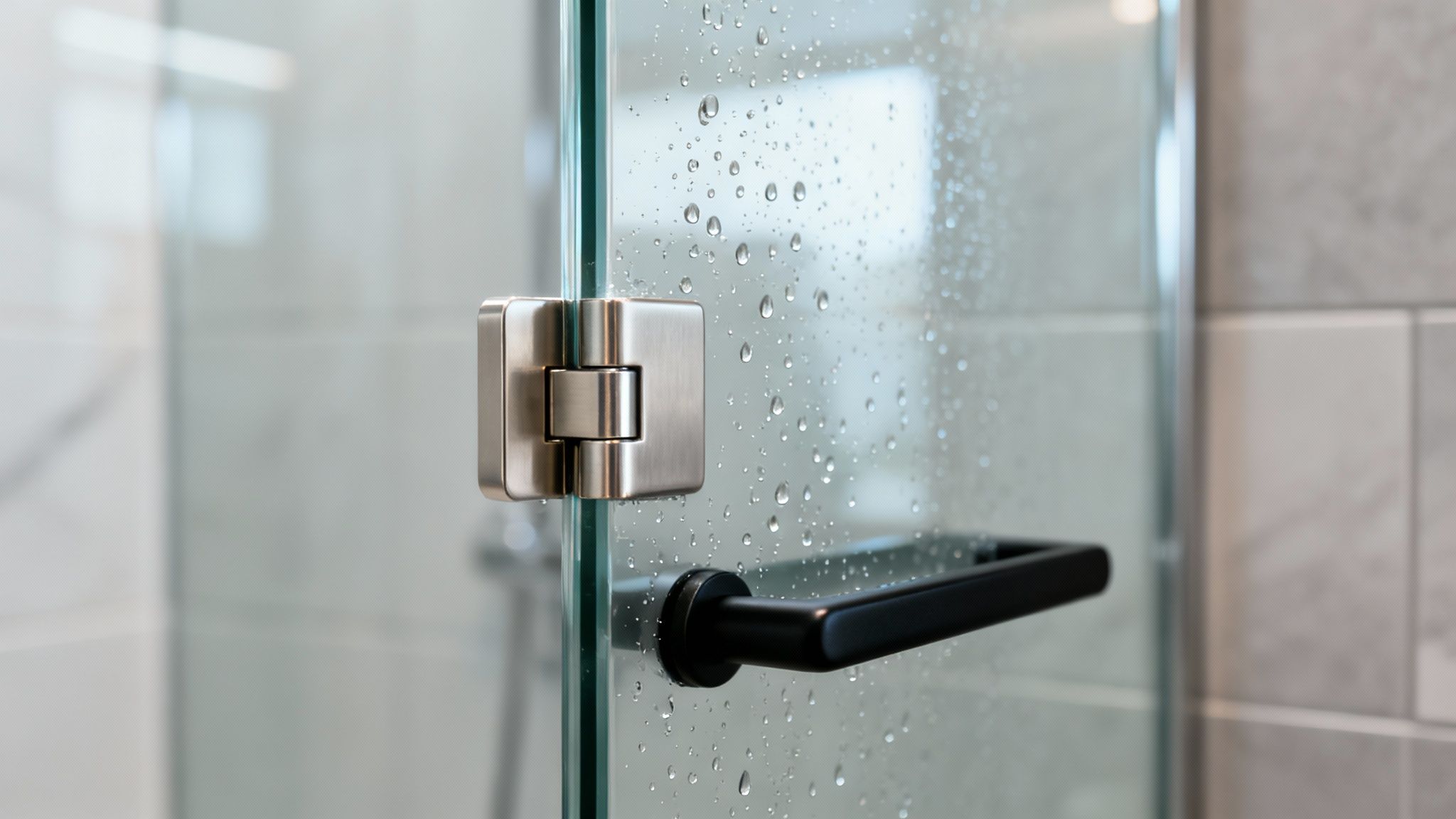Close-up of a modern shower glass door with brushed nickel hinge and black handle, covered in water droplets.