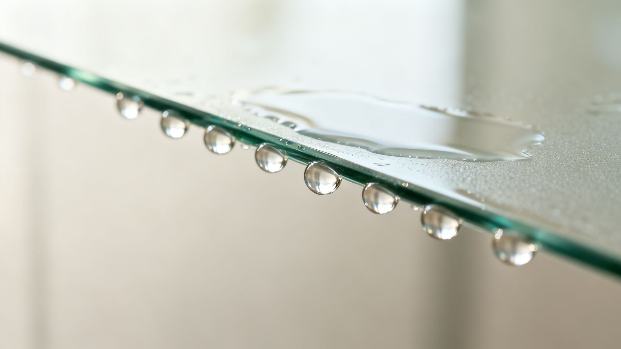 Close-up of water droplets adhering to the edge of a clear glass shelf with a small puddle.