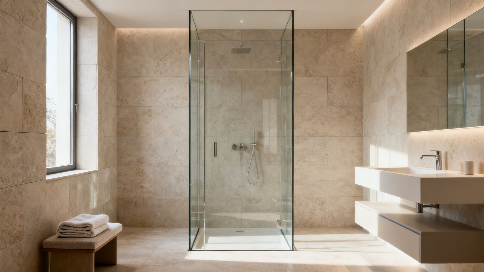 A luxurious modern bathroom featuring light stone tiles, a spacious glass walk-in shower, and a floating vanity.