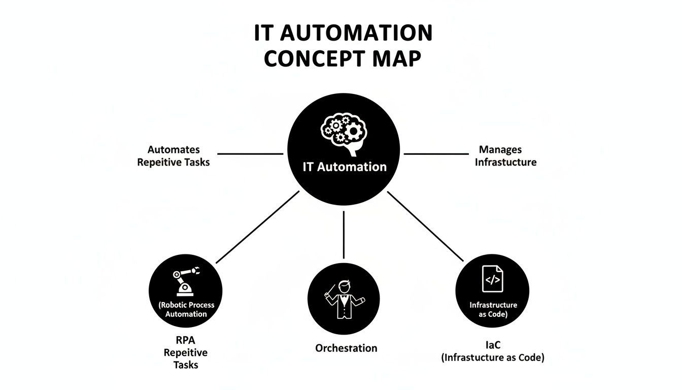 A detailed concept map explaining IT Automation, its purpose, and key components like RPA, Orchestration, and IaC.