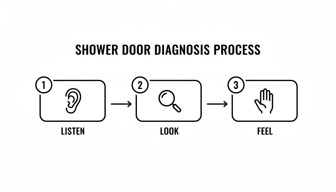 A flowchart outlining the shower door diagnosis process, including steps to listen, look, and feel.