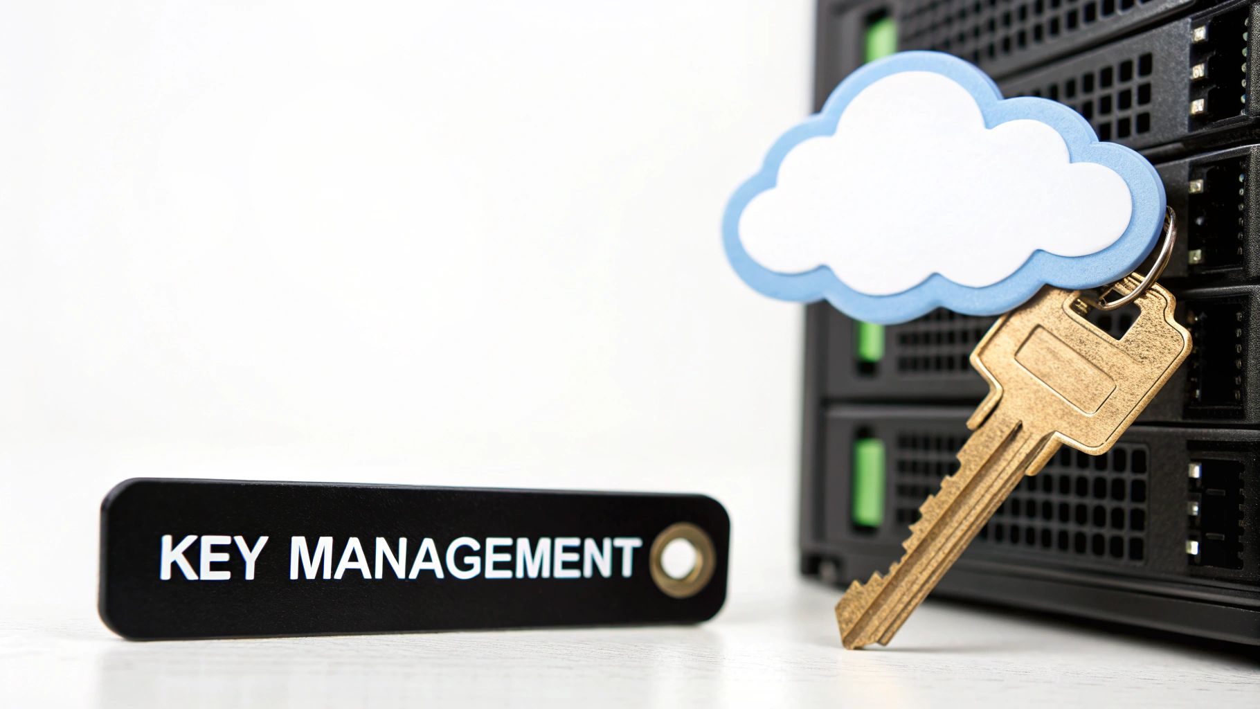 Key management concept with a cloud key, golden key, and 'KEY MANAGEMENT' tag near server hardware.