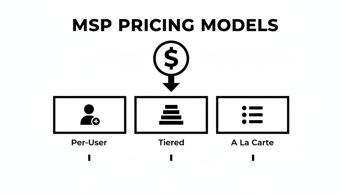 Diagram illustrating MSP pricing models: Per-User, Tiered, and A La Carte options.