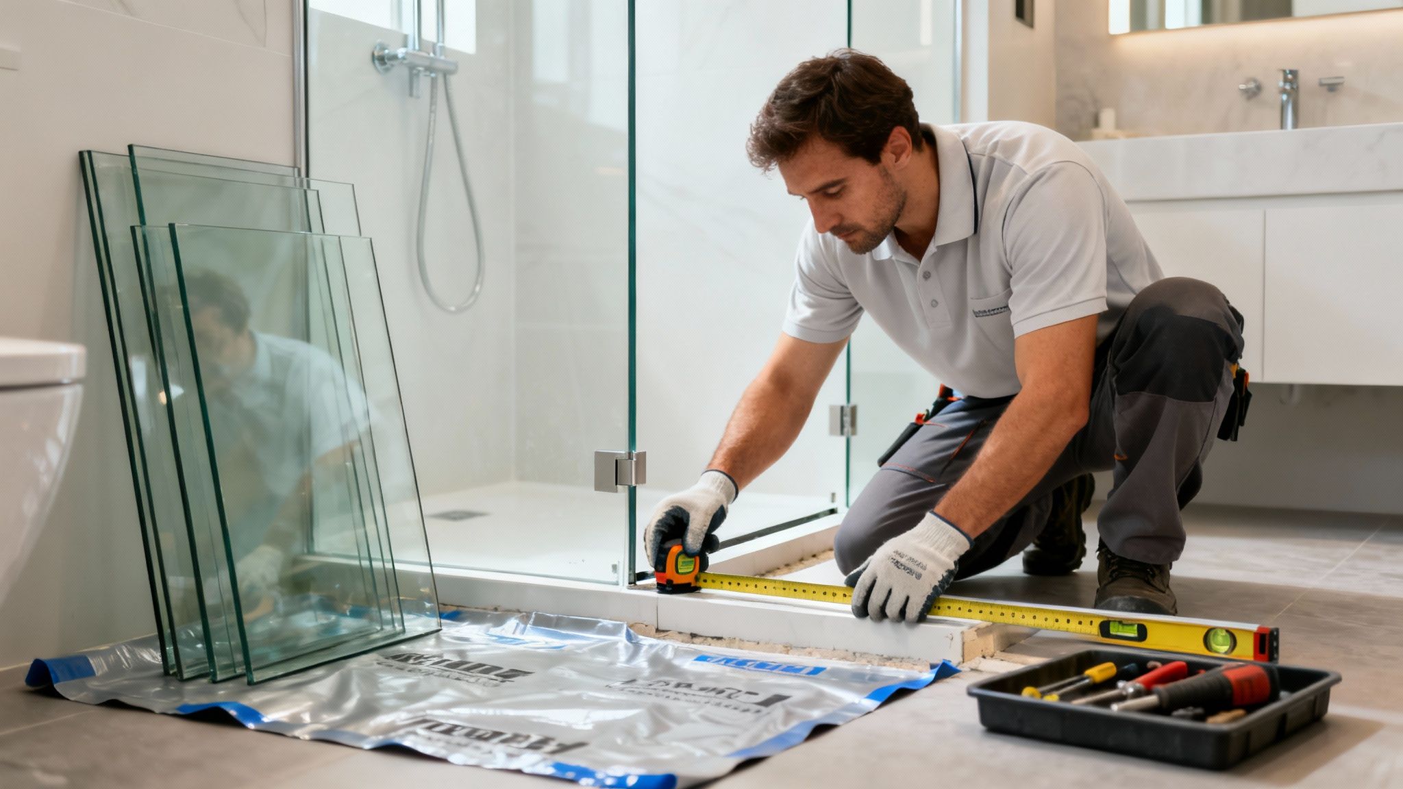 Man installing custom glass shower doors, measuring a white frame in a modern bathroom.
