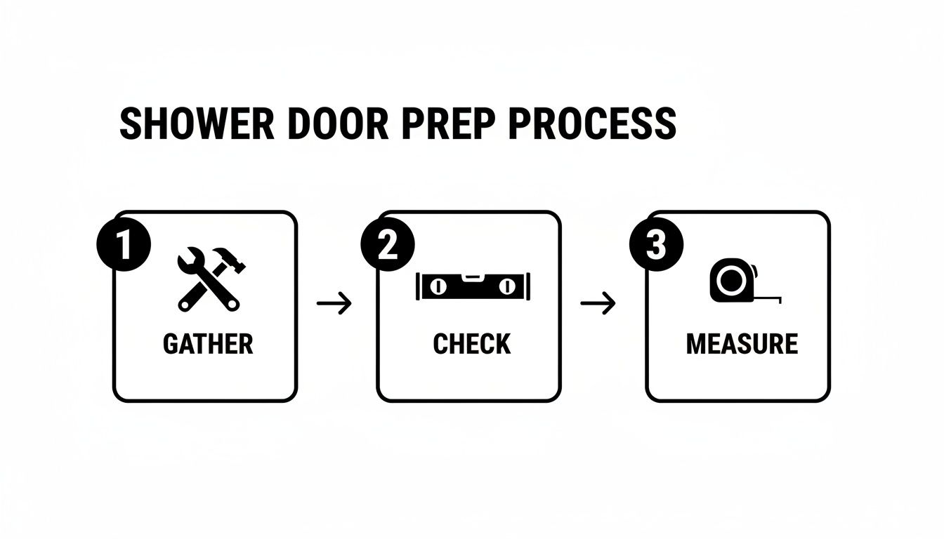 A three-step shower door preparation process: Gather tools, check level, and measure.