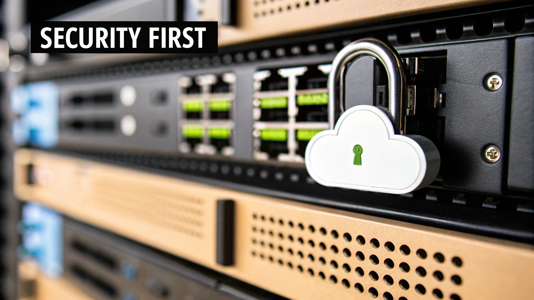 A cloud-shaped padlock on a server rack with 'SECURITY FIRST' text, symbolizing cloud migration security.