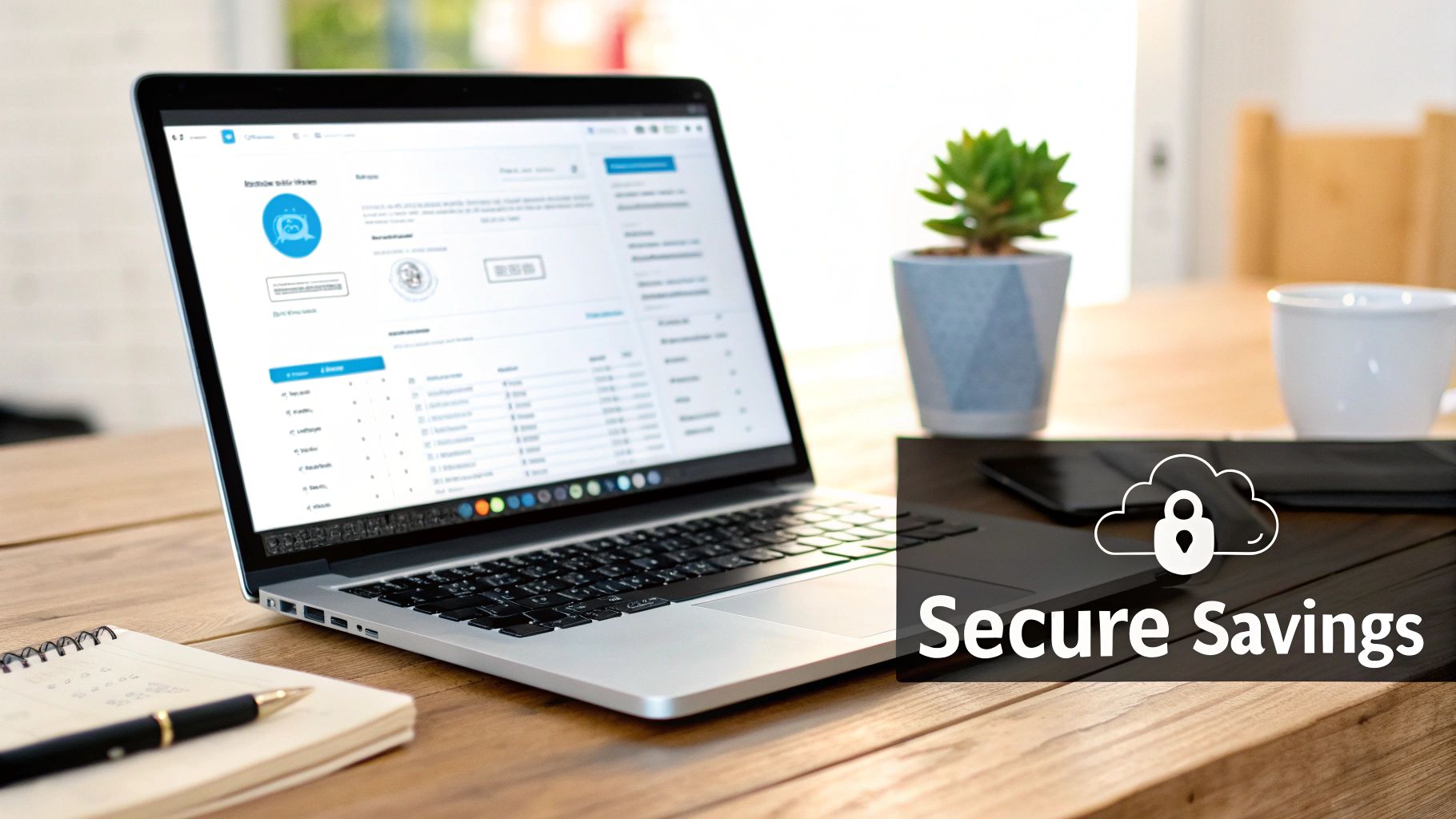 A laptop on a wooden desk displays a web interface, with a 'Secure Savings' cloud and padlock overlay.