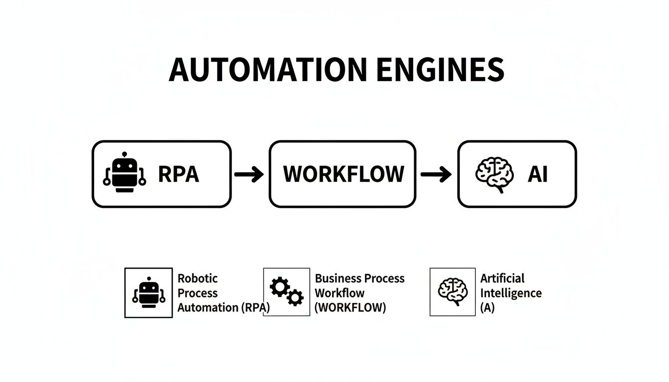 Flowchart illustrating automation engines: Robotic Process Automation (RPA) progressing to Workflow and then Artificial Intelligence (AI).