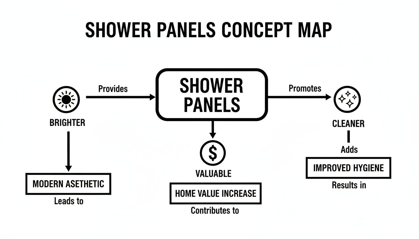 A concept map illustrating the benefits of shower panels, including modern aesthetic, increased home value, and improved hygiene.
