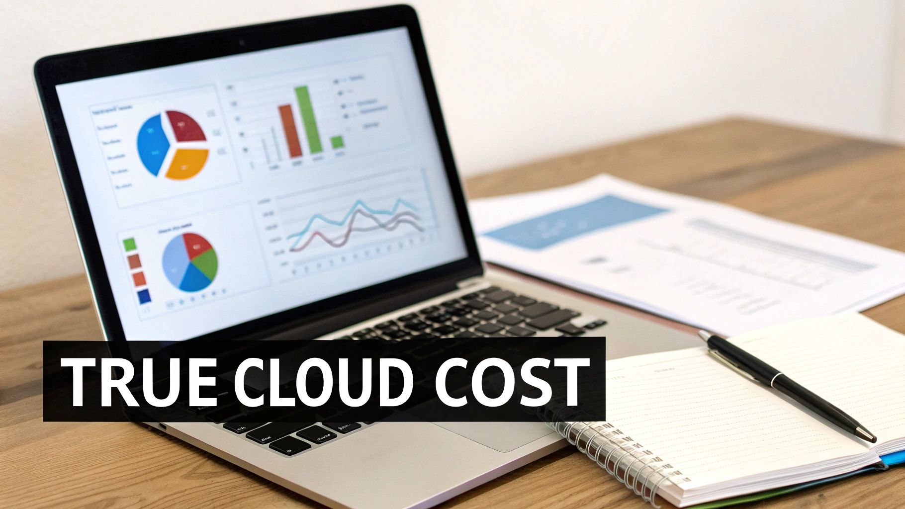A laptop displays financial charts and graphs on a wooden desk with documents. Text overlay: TRUE CLOUD COST.