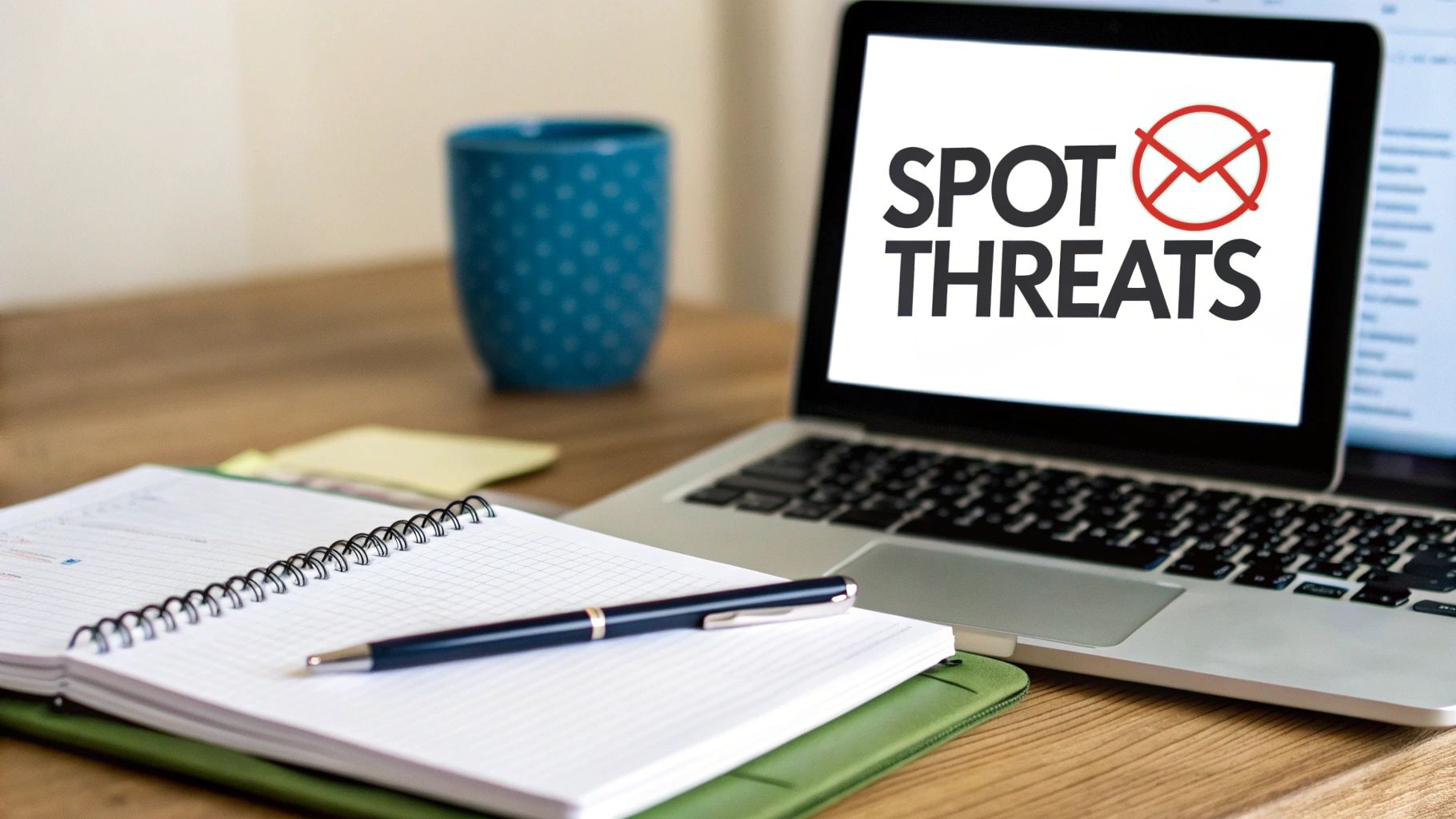 A laptop screen displays "SPOT THREATS" and a crossed-out email icon next to a notebook.