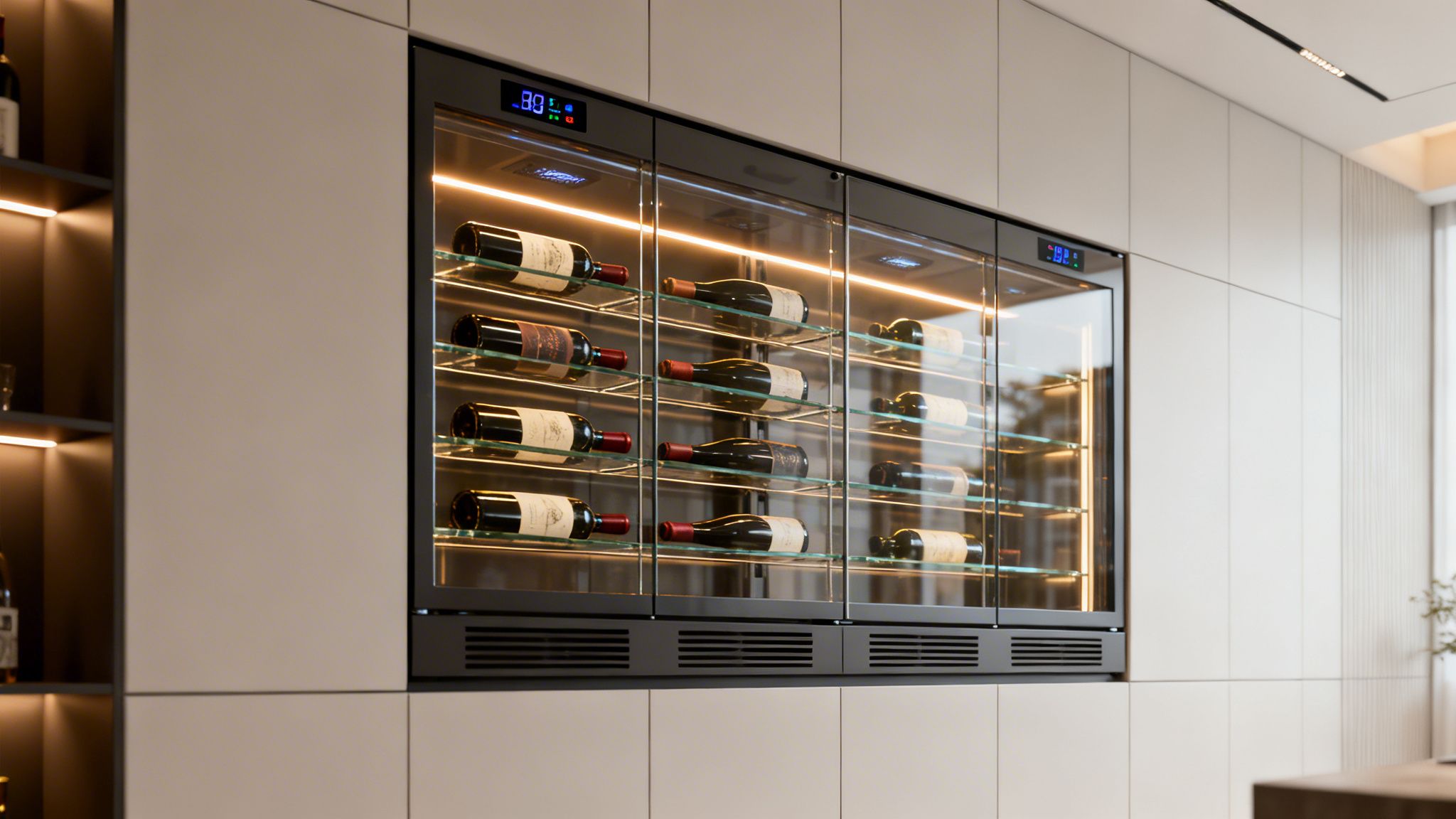 A sleek, modern built-in wine cellar with glass doors, illuminated shelves, and numerous wine bottles.