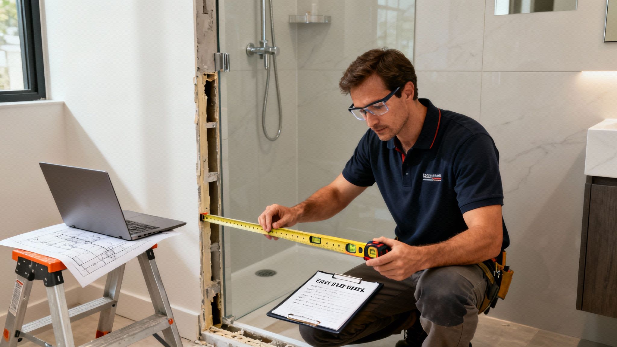A man in safety glasses and a uniform measures a shower frame during a bathroom renovation, with tools and plans.