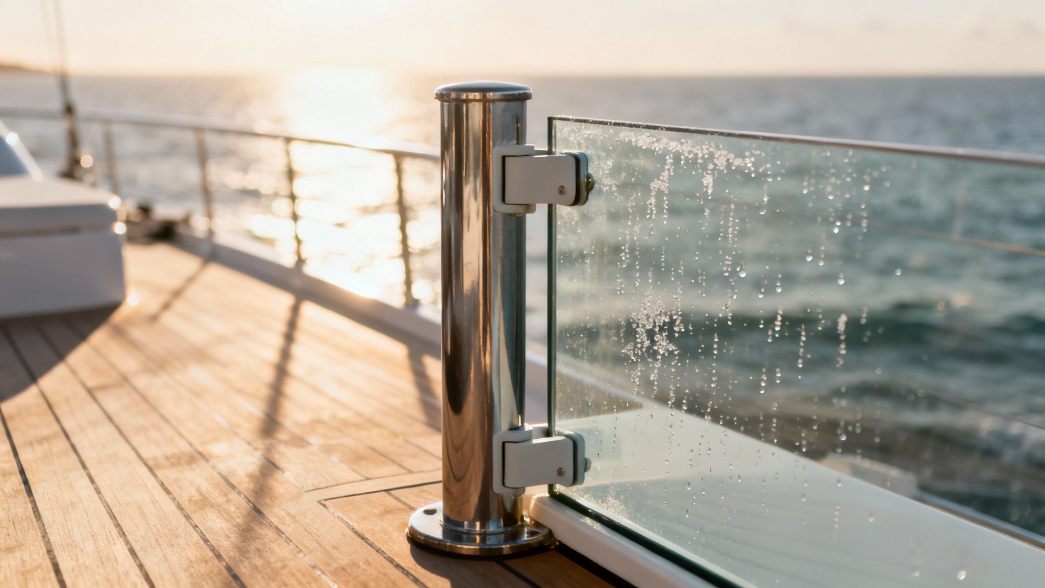 A glass railing with water droplets on a wooden boat deck at sunset over the ocean.