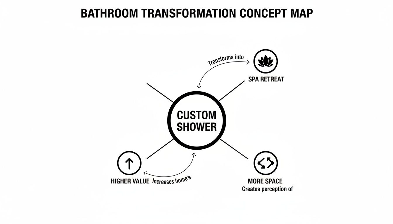 A concept map showing how a custom shower transforms into a spa retreat, adds higher value, and creates more space.