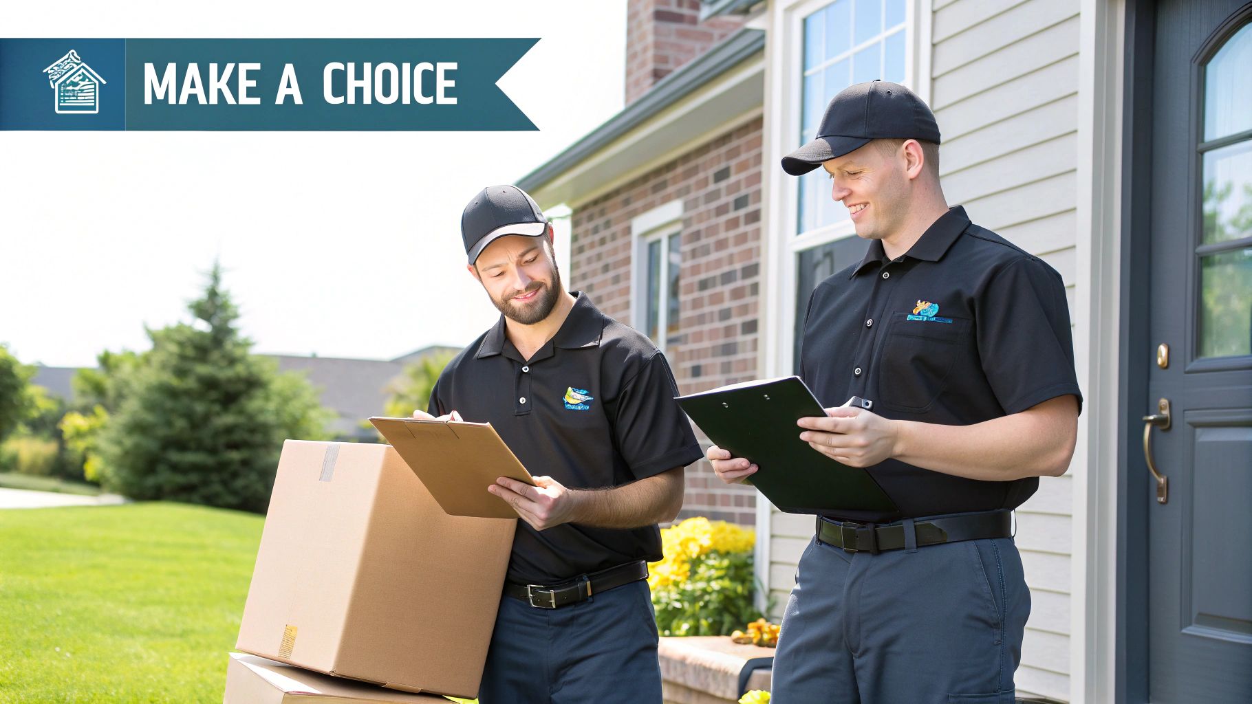 Two movers carefully carrying a large piece of furniture wrapped in protective blankets