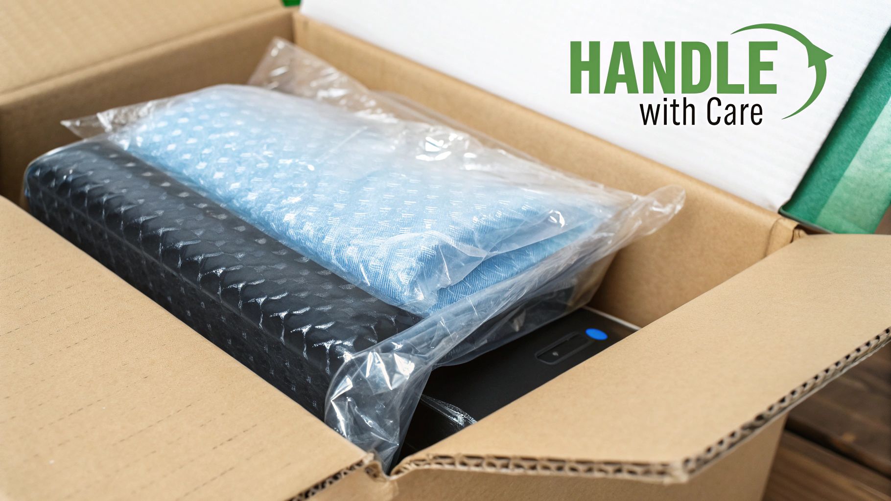 A person carefully wrapping a fragile item in bubble wrap, with moving boxes in the background.