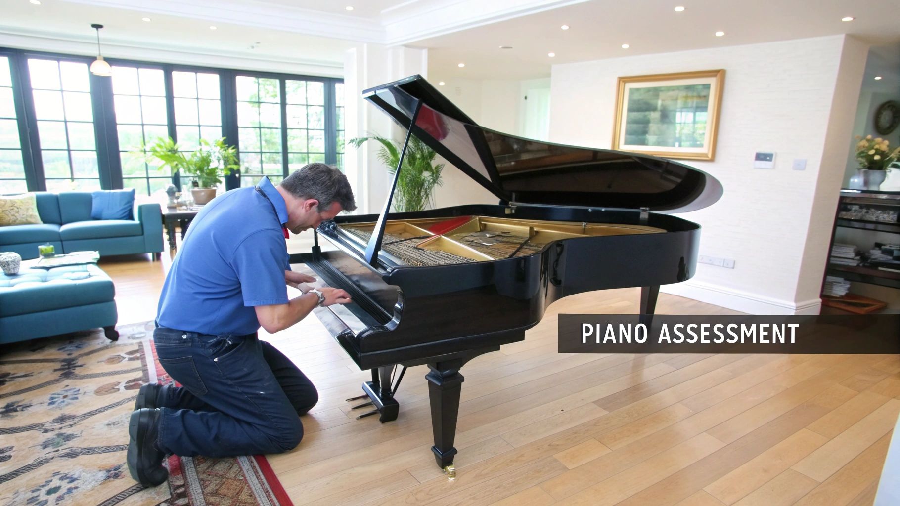 A large grand piano being carefully moved by a team of professionals in a spacious room.