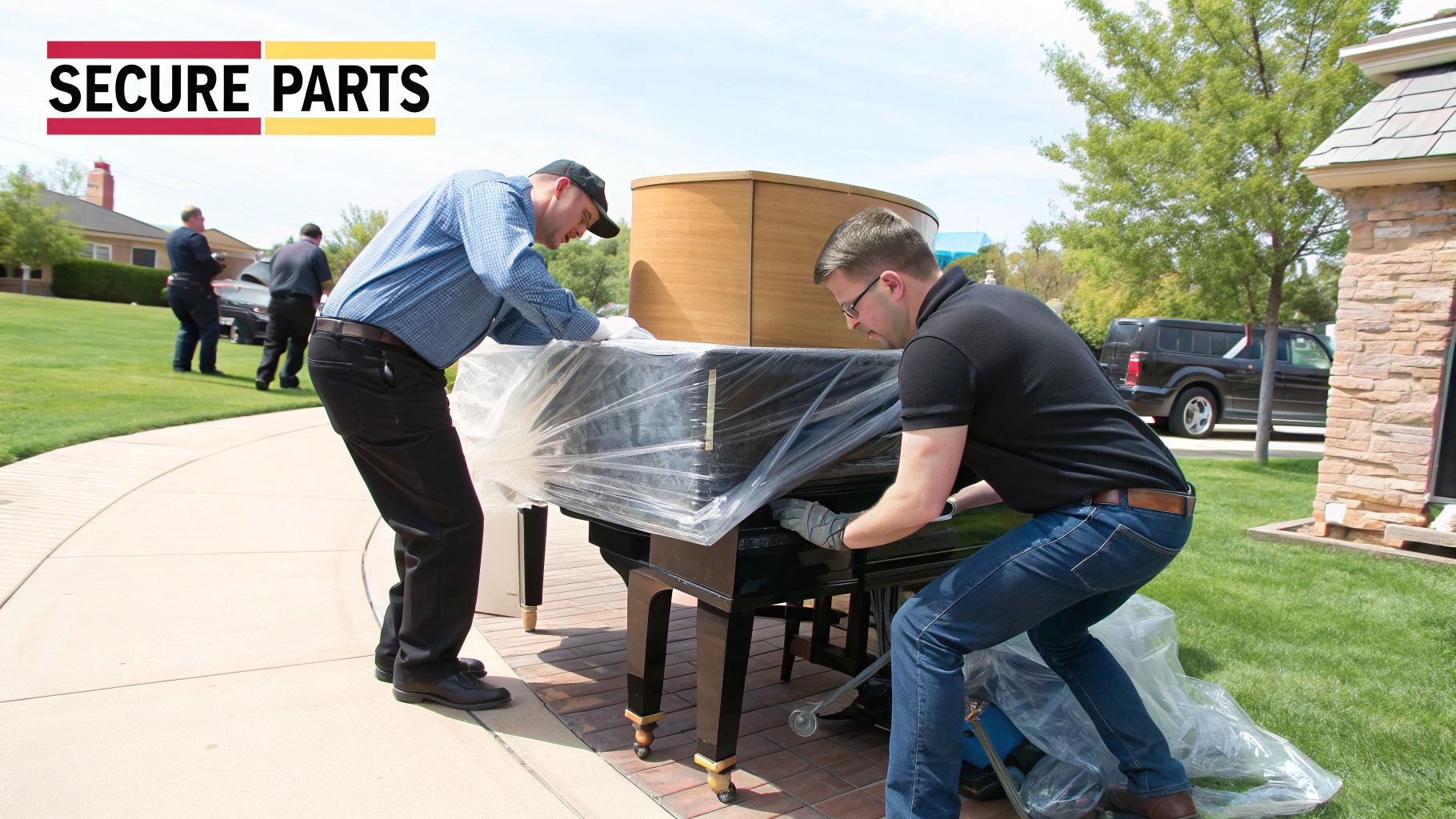 A piano carefully wrapped in thick moving blankets, ready for transport.