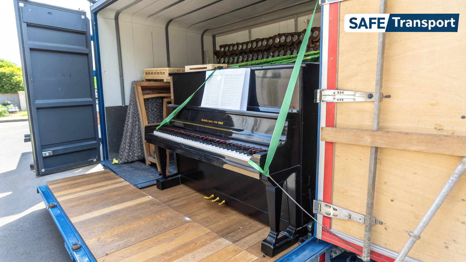 Two professional movers in uniform carefully lifting a wrapped upright piano.