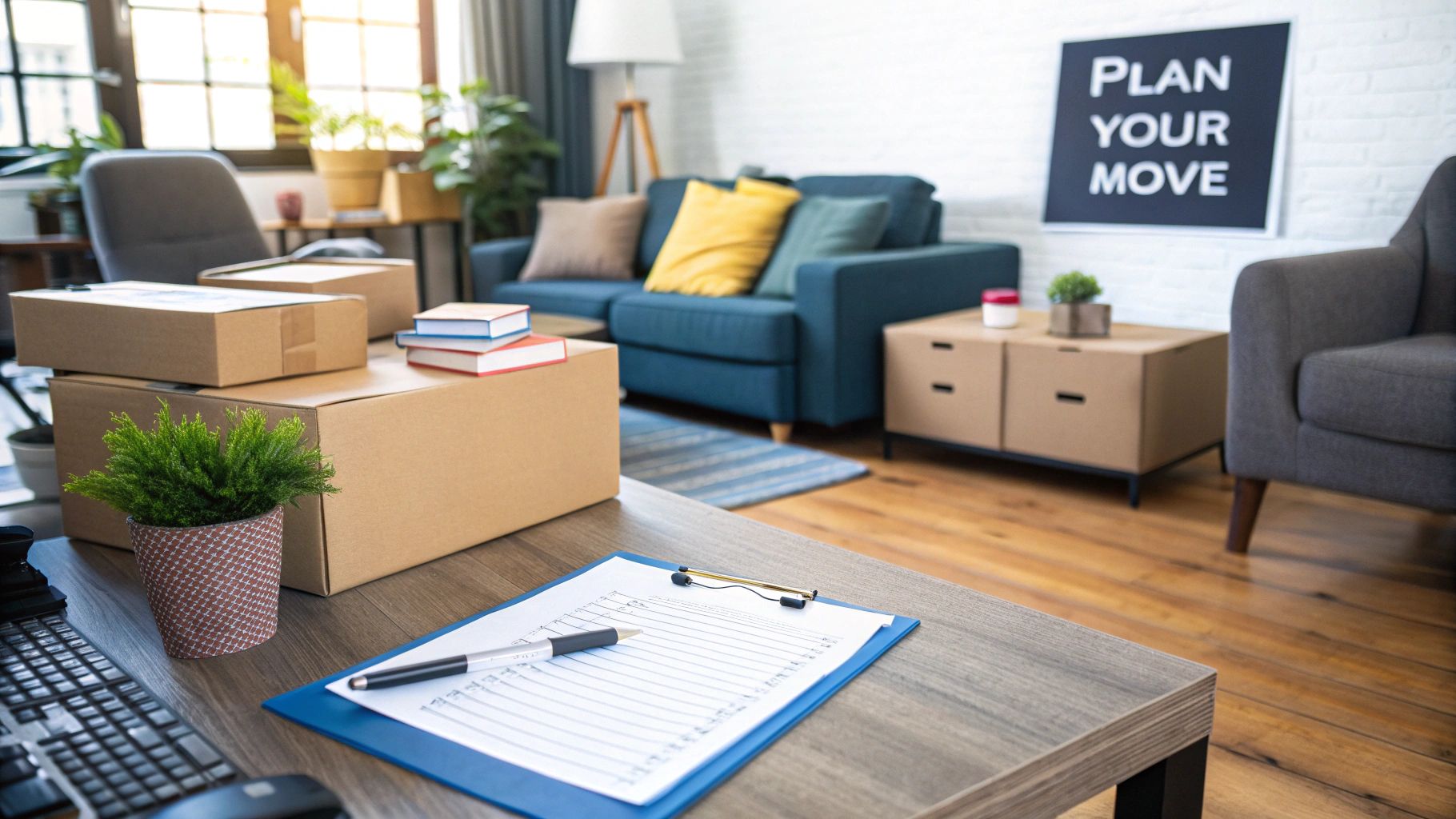 A family packing boxes and planning their move to Australia.