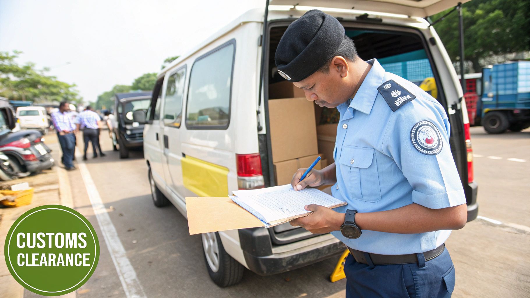 A happy couple unpacking boxes in their new French home, with sunlight streaming in.