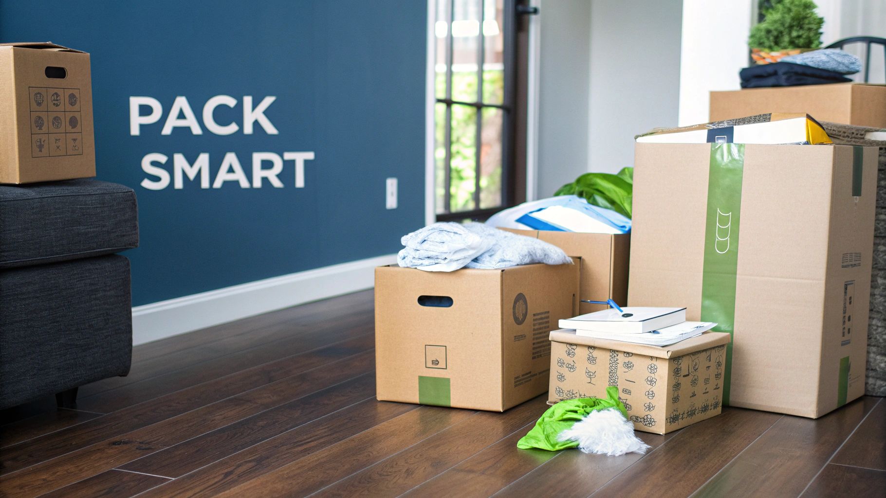 A person using a colour-coded system to label moving boxes, with different coloured tapes for each room.