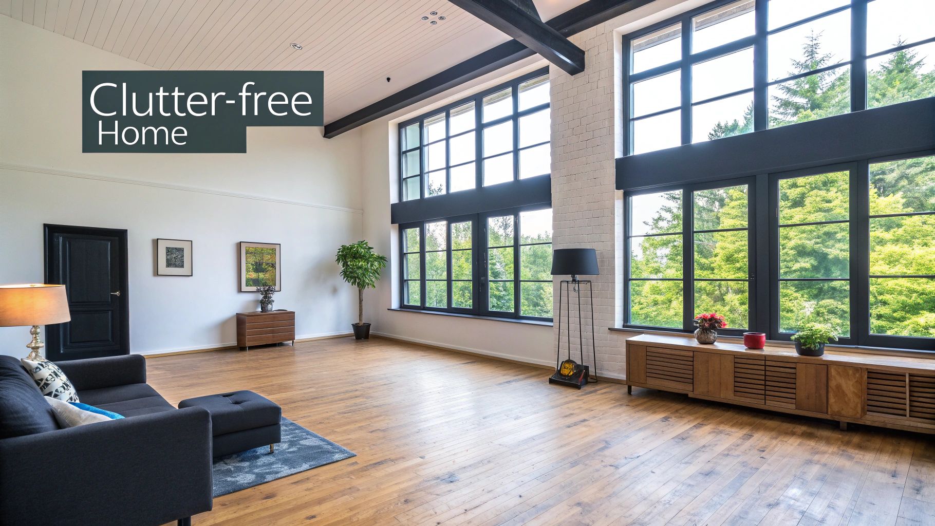 A beautifully staged living room with neutral furniture, a cosy throw blanket, and a bowl of green apples on the coffee table.
