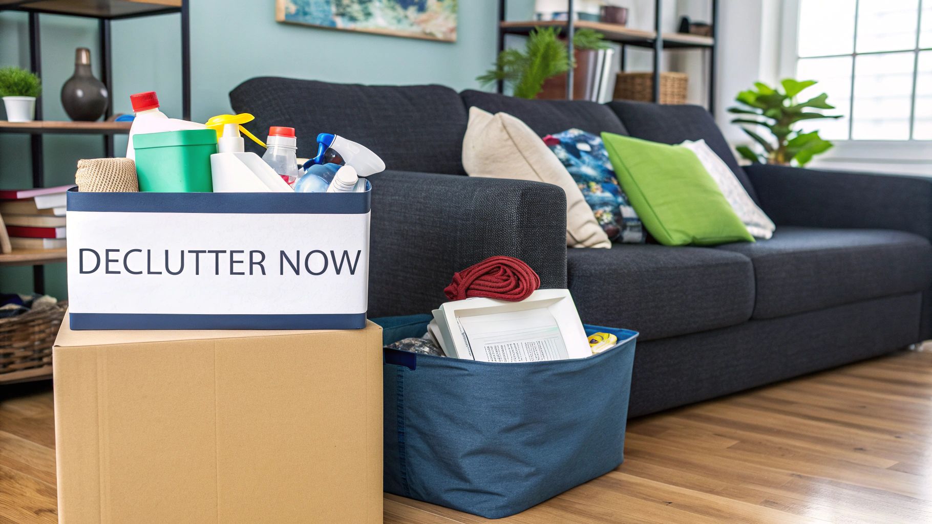 A neatly organised room with boxes labelled "Keep," "Donate," and "Sell," showcasing the decluttering process.